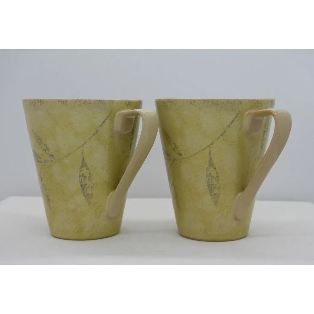 Two Pier One Stoneware Brown Antiqued Leaf 12 oz Mug Cup